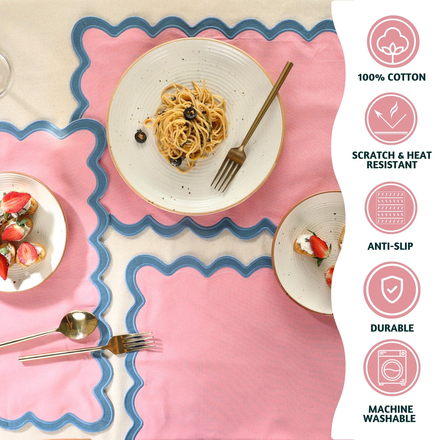 Folkulture Placemats Set of 4, 13 x 19 Inches 100% Cotton Rustic Place Mats or Heat Resistant Woven Table Mats for Dining Table Decor, Boho Placemats or Scalloped Table Placemats (Laguna Blush)