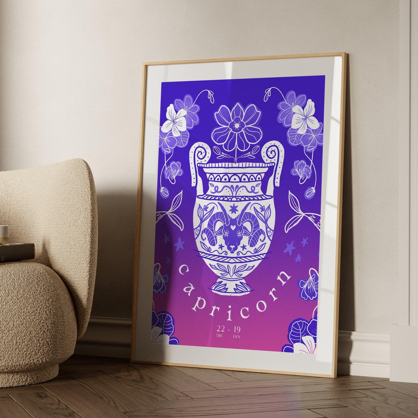 Capricorn Zodiac Wall Art | Hand-Drawn Goat Poster Astrology Print | Capricorn Gift