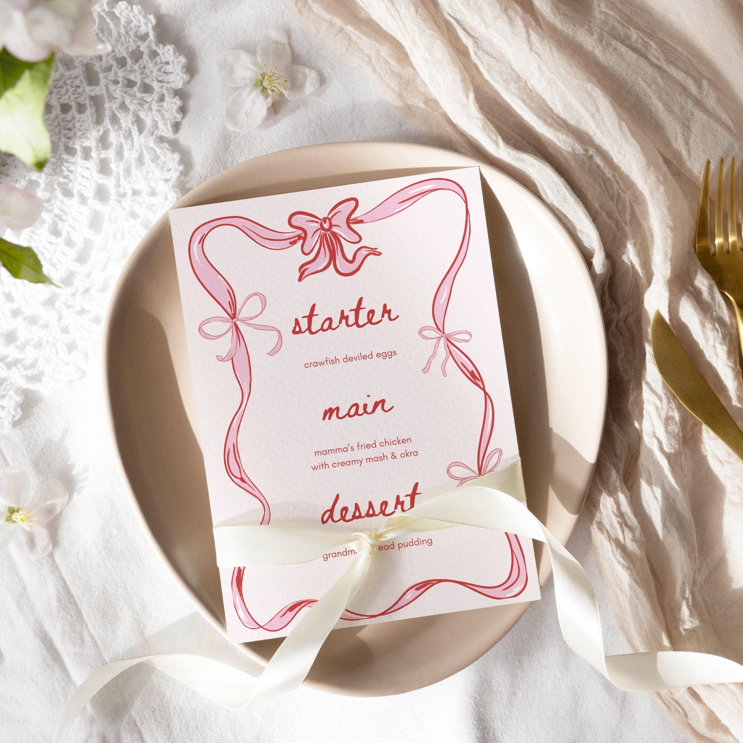 COQUETTE DINNER MENU - Hand-drawn Pink Bow Doodle Menu for Shabbat Dinner, Birthday Party, Bridal Shower, Baby Shower, Printable, Editable