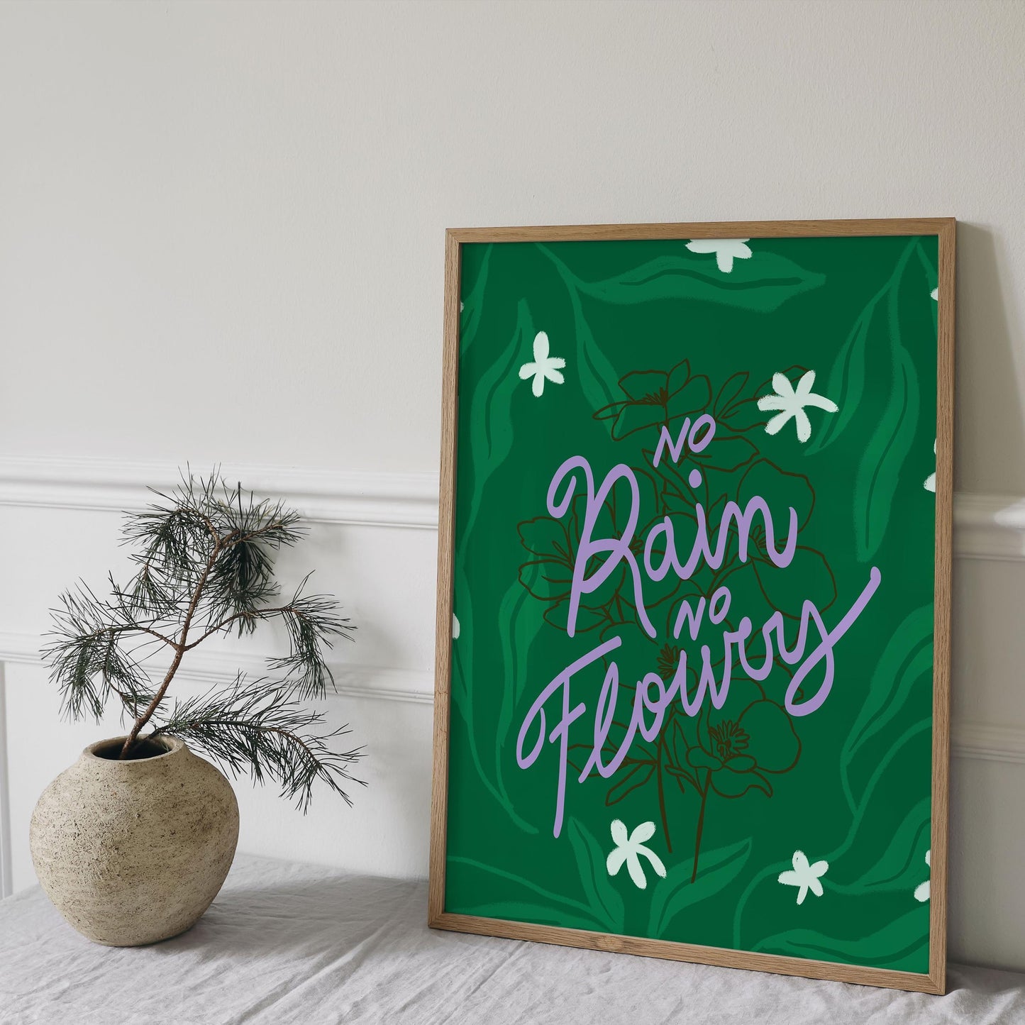 No Rain No Flowers - Inspirational Wall Art, Motivational Printable Poster, Green Floral Typography Digital Art, Positive Quote Decor