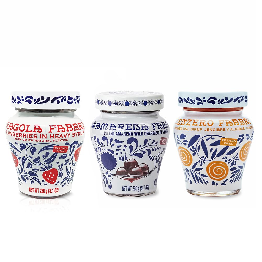 Amarena Fabbri Wild Cherries in syrup, Fabbri Strawberries in syrup and Fabbri Ginger in syrup COMBO, 8oz