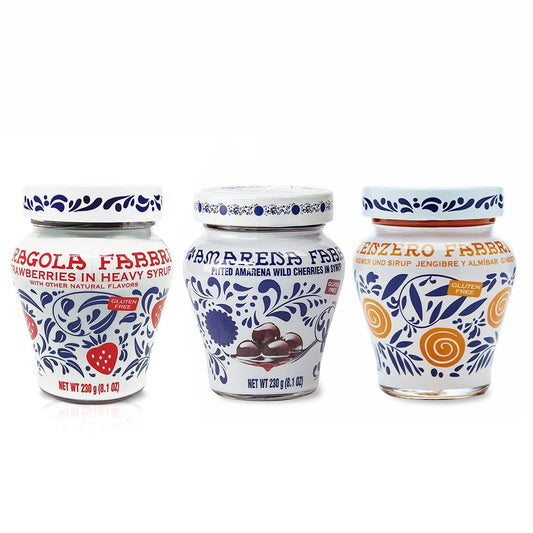 Amarena Fabbri Wild Cherries in syrup, Fabbri Strawberries in syrup and Fabbri Ginger in syrup COMBO, 8oz