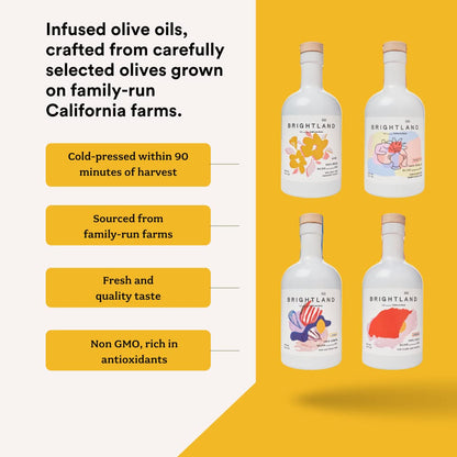 Brightland The Artist Capsule Cold-Pressed Olive Oils - Oprah’s Favorite Olive Oil Set Infused with Garlic, Lemon, Basil, and Chili Peppers, 12.7 fl. oz. Bottles (Pack of 4)