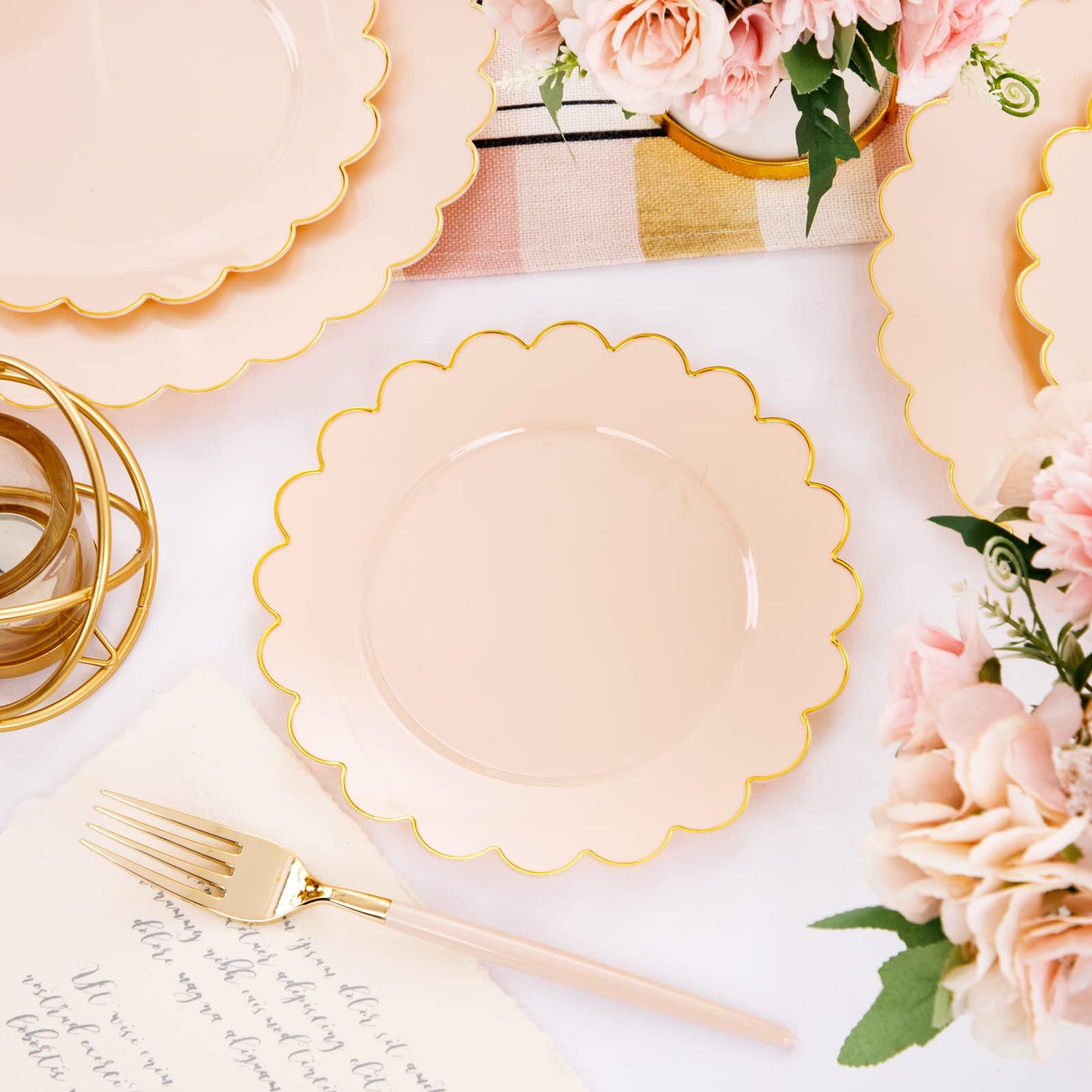 Scalloped Pink Plastic Plates with Gold