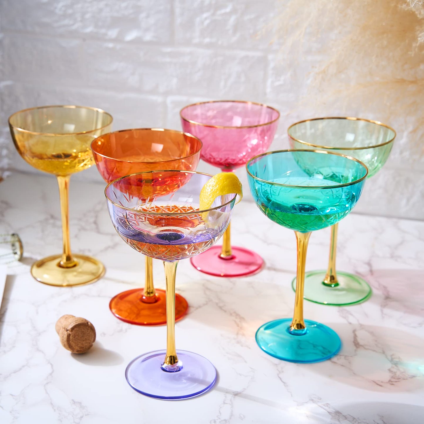 Vintage Art Deco Coupe for Champagne, Martini, Cocktails | Set of 6 | 7 oz Classic Cocktail Glassware - Manhattan, Cosmopolitan, Sidecar, Crystal Speakeasy Style Saucer Goblets Coupes with Stems