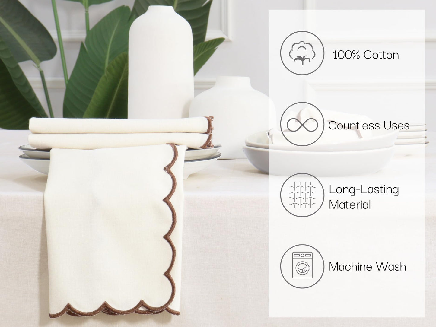 PurpleEssences Scalloped Embroidery Cloth Napkins Table Decor Fall Thanksgiving 100% Cotton Set of 4-18 x 18 inch - Beige - Edges - Brown