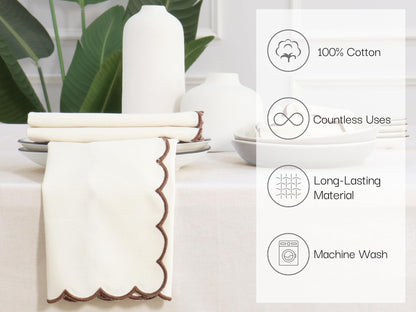 PurpleEssences Scalloped Embroidery Cloth Napkins Table Decor Fall Thanksgiving 100% Cotton Set of 4-18 x 18 inch - Beige - Edges - Brown