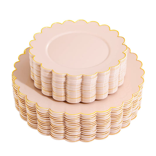 Scalloped Pink Plastic Plates with Gold