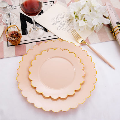 Scalloped Pink Plastic Plates with Gold