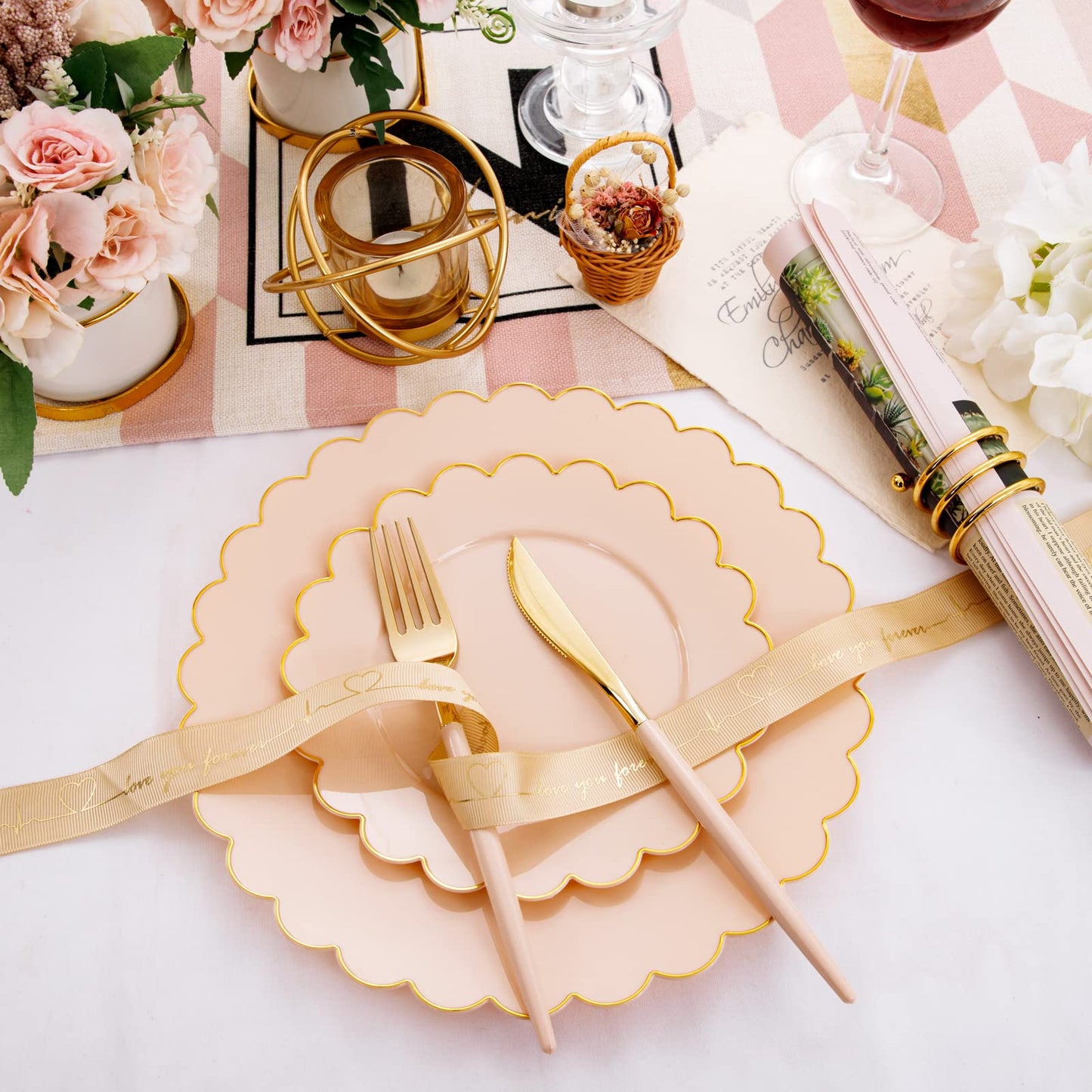 Scalloped Pink Plastic Plates with Gold