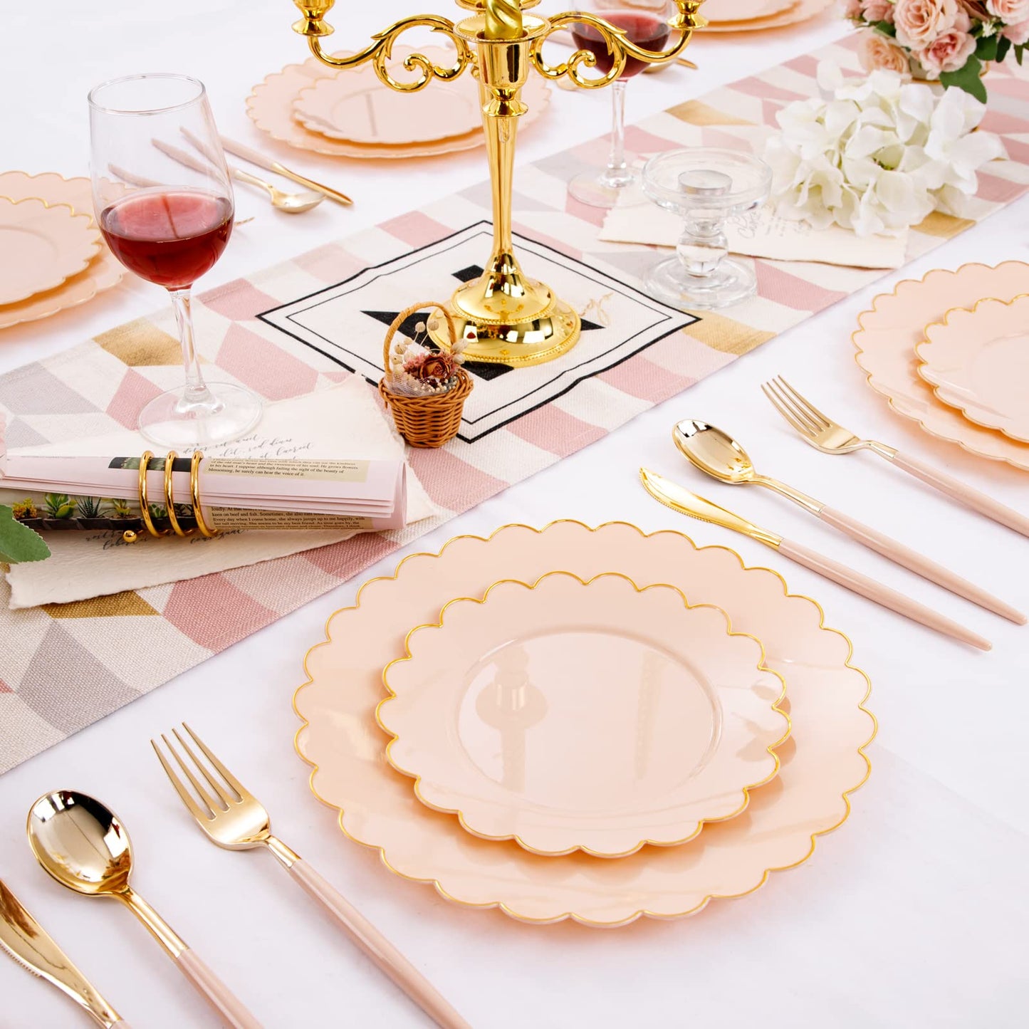 Scalloped Pink Plastic Plates with Gold