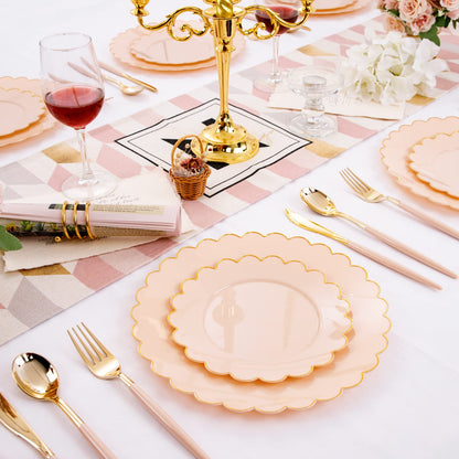 Scalloped Pink Plastic Plates with Gold