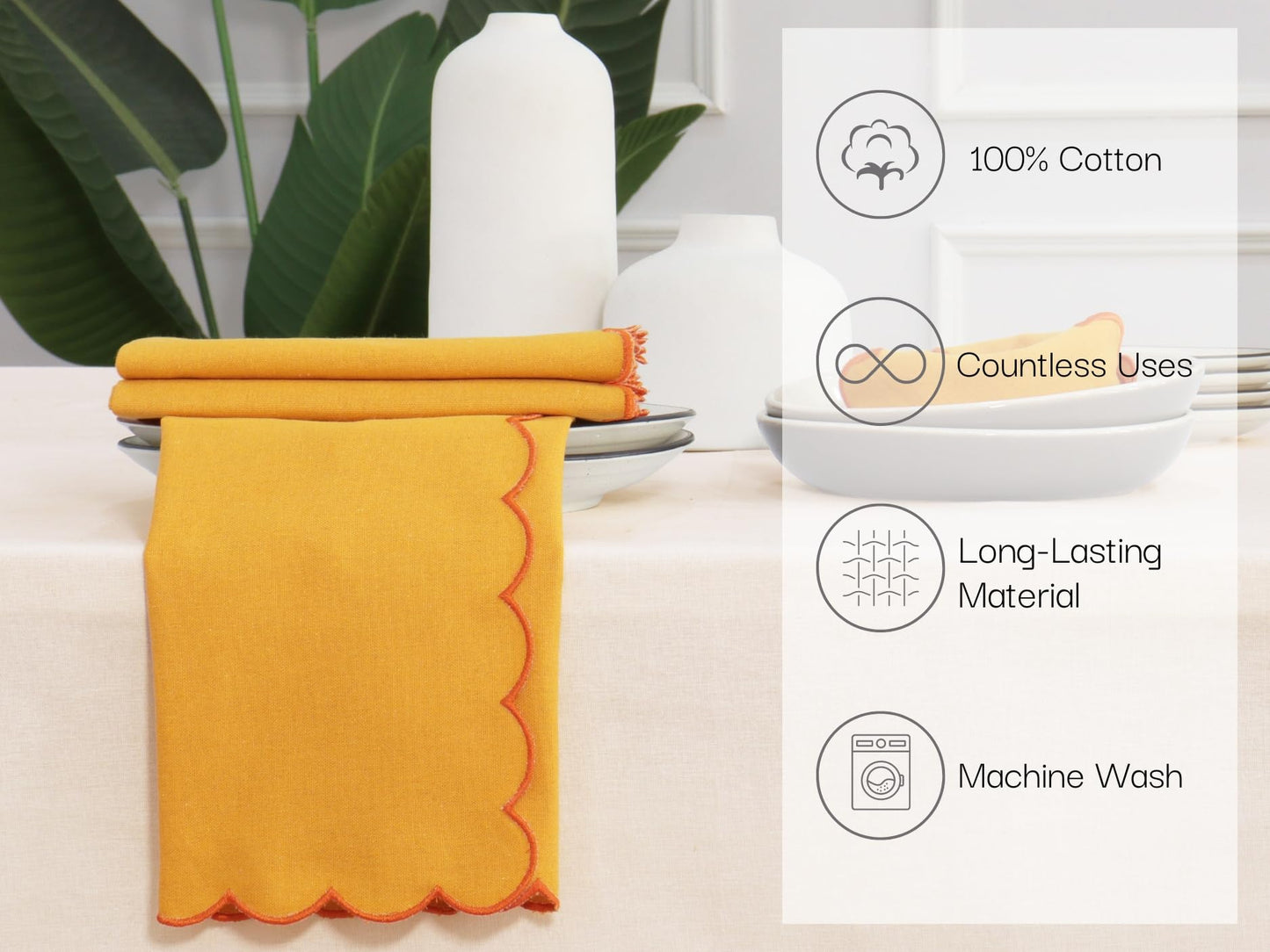 PurpleEssences Scalloped Embroidery Cloth Napkins Table Decor Fall Thanksgiving 100% Cotton Set of 4-18 x 18 inch - Golden Yellow - Edges - Orange
