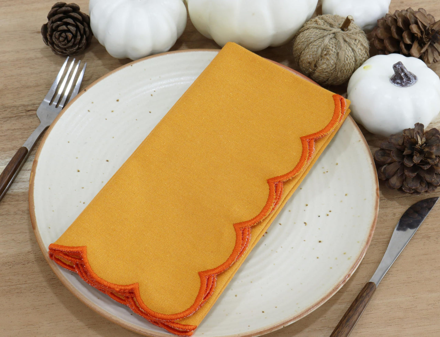 PurpleEssences Scalloped Embroidery Cloth Napkins Table Decor Fall Thanksgiving 100% Cotton Set of 4-18 x 18 inch - Golden Yellow - Edges - Orange