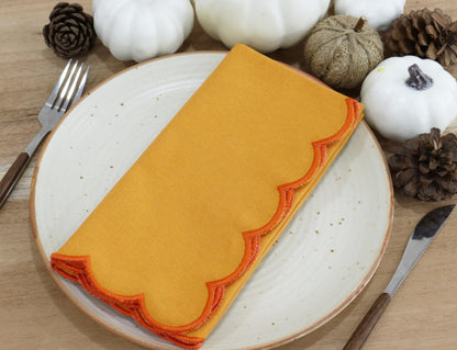 PurpleEssences Scalloped Embroidery Cloth Napkins Table Decor Fall Thanksgiving 100% Cotton Set of 4-18 x 18 inch - Golden Yellow - Edges - Orange