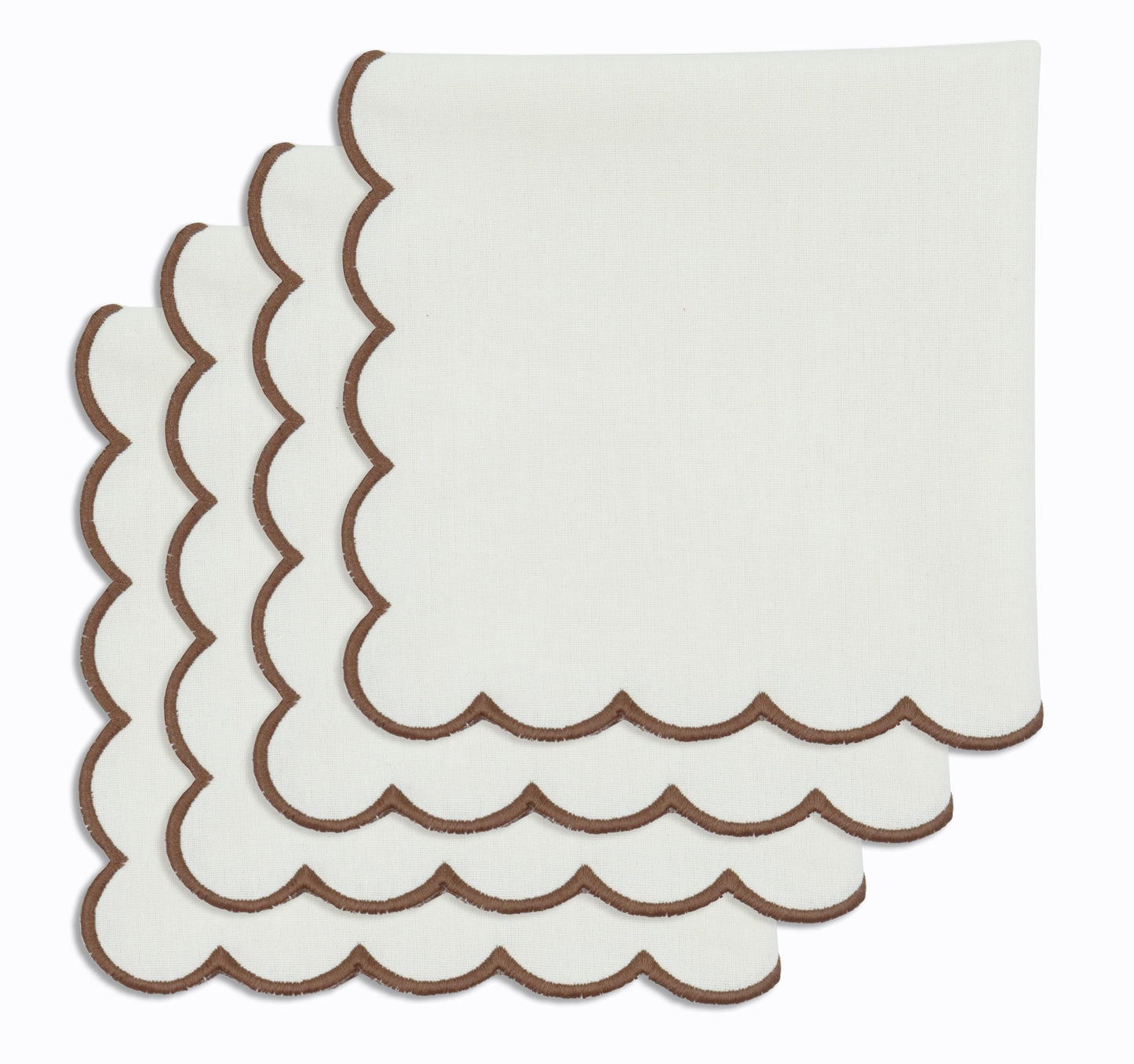 PurpleEssences Scalloped Embroidery Cloth Napkins Table Decor Fall Thanksgiving 100% Cotton Set of 4-18 x 18 inch - Beige - Edges - Brown