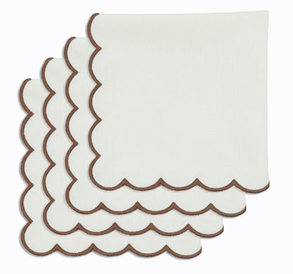 PurpleEssences Scalloped Embroidery Cloth Napkins Table Decor Fall Thanksgiving 100% Cotton Set of 4-18 x 18 inch - Beige - Edges - Brown