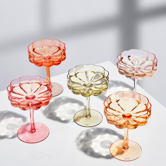 Khen Flower Vintage Wavy Glass Coupes Martini, Champagne & Cocktail Coupes - Set of 6-7oz Colorful Cocktail Glasses & Champagne, Prosecco, Mimosa Glassware Copyright Design - Fall Holiday Colors