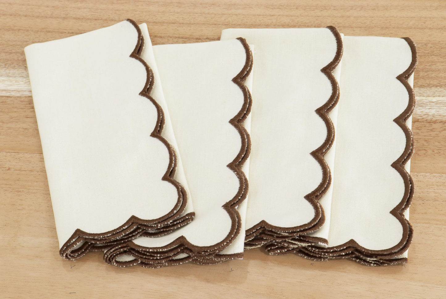 PurpleEssences Scalloped Embroidery Cloth Napkins Table Decor Fall Thanksgiving 100% Cotton Set of 4-18 x 18 inch - Beige - Edges - Brown