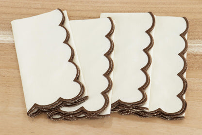 PurpleEssences Scalloped Embroidery Cloth Napkins Table Decor Fall Thanksgiving 100% Cotton Set of 4-18 x 18 inch - Beige - Edges - Brown