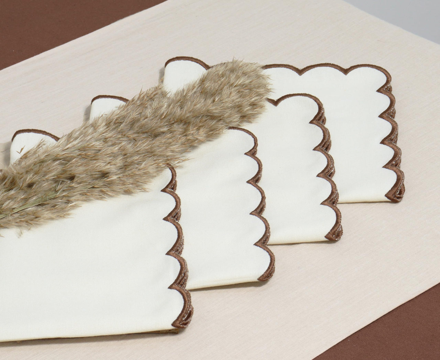 PurpleEssences Scalloped Embroidery Cloth Napkins Table Decor Fall Thanksgiving 100% Cotton Set of 4-18 x 18 inch - Beige - Edges - Brown