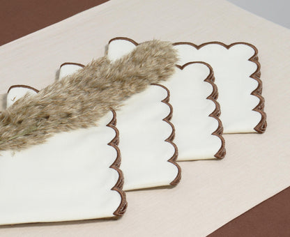 PurpleEssences Scalloped Embroidery Cloth Napkins Table Decor Fall Thanksgiving 100% Cotton Set of 4-18 x 18 inch - Beige - Edges - Brown