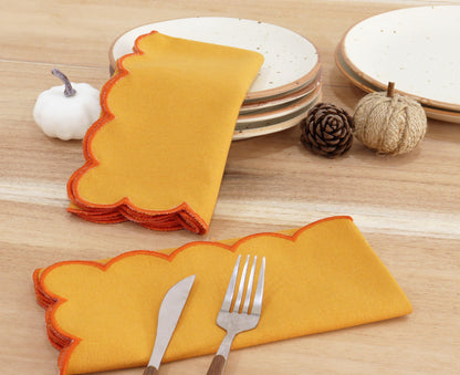 PurpleEssences Scalloped Embroidery Cloth Napkins Table Decor Fall Thanksgiving 100% Cotton Set of 4-18 x 18 inch - Golden Yellow - Edges - Orange