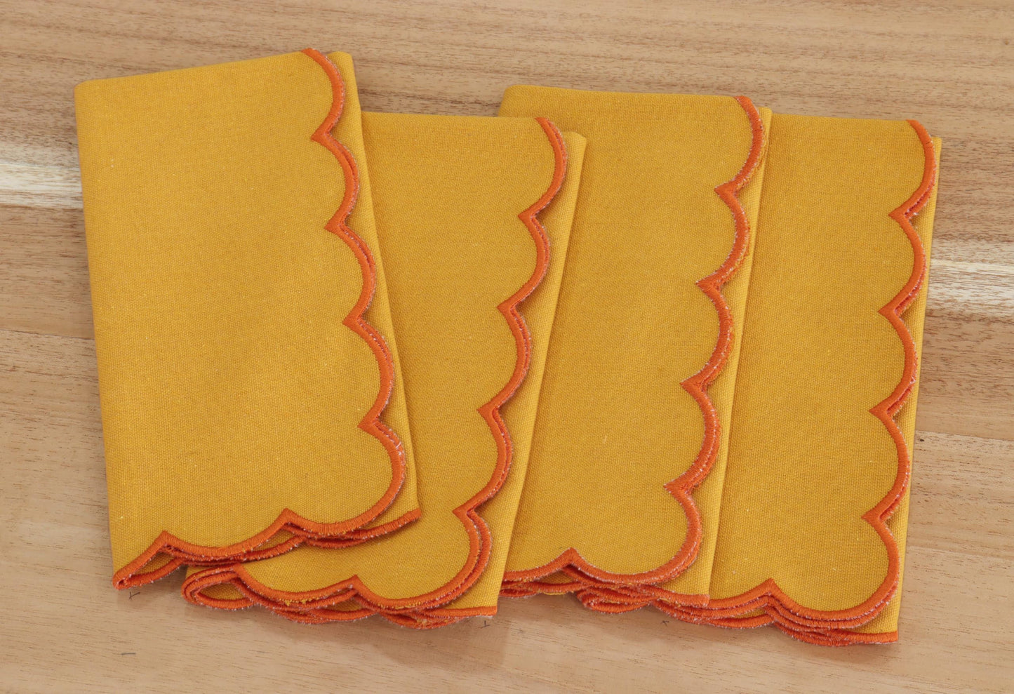 PurpleEssences Scalloped Embroidery Cloth Napkins Table Decor Fall Thanksgiving 100% Cotton Set of 4-18 x 18 inch - Golden Yellow - Edges - Orange
