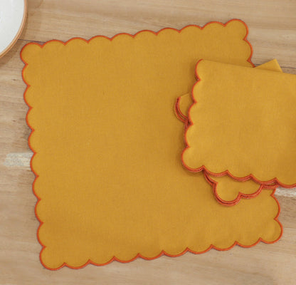 PurpleEssences Scalloped Embroidery Cloth Napkins Table Decor Fall Thanksgiving 100% Cotton Set of 4-18 x 18 inch - Golden Yellow - Edges - Orange