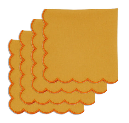 PurpleEssences Scalloped Embroidery Cloth Napkins Table Decor Fall Thanksgiving 100% Cotton Set of 4-18 x 18 inch - Golden Yellow - Edges - Orange