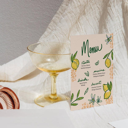 Printable Menu for Events or Dinner with Hand-drawn Citrus Floral Design | Editable Lemon Menu Canva Template | Digital Download for Events
