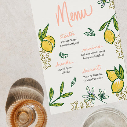 Printable Menu for Dinner Party or Shabbat Dinner | Hand-drawn Lemon Menu Card | Editable Citrus Menu Canva Template | Modern Event Menu