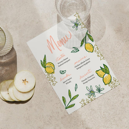 Printable Menu for Dinner Party or Shabbat Dinner | Hand-drawn Lemon Menu Card | Editable Citrus Menu Canva Template | Modern Event Menu