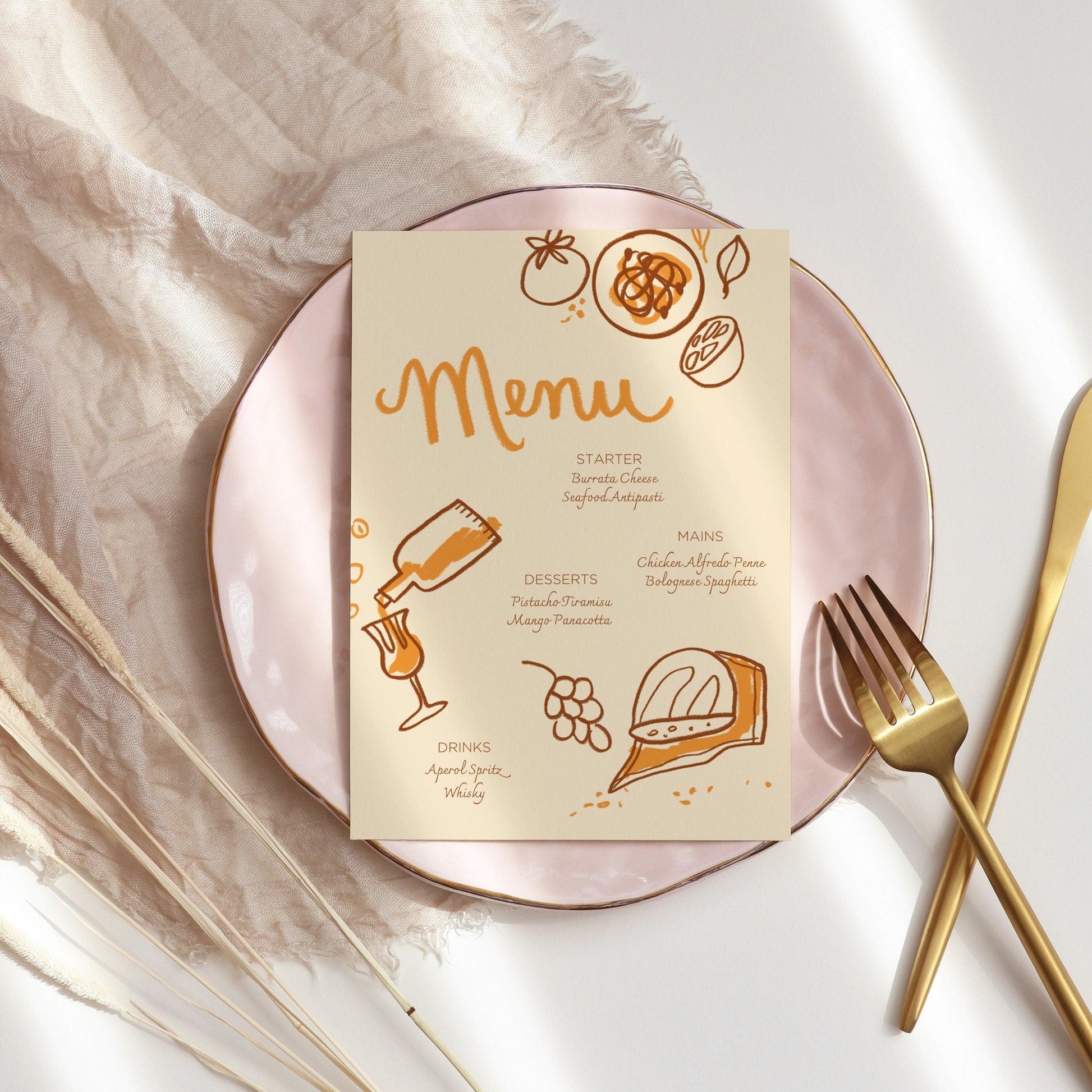 Hand-drawn Menu for Dinner Party | Shabbat Dinner | Easy to Edit Canva Template | Food and Wine Illustrations | Instant Download | Printable