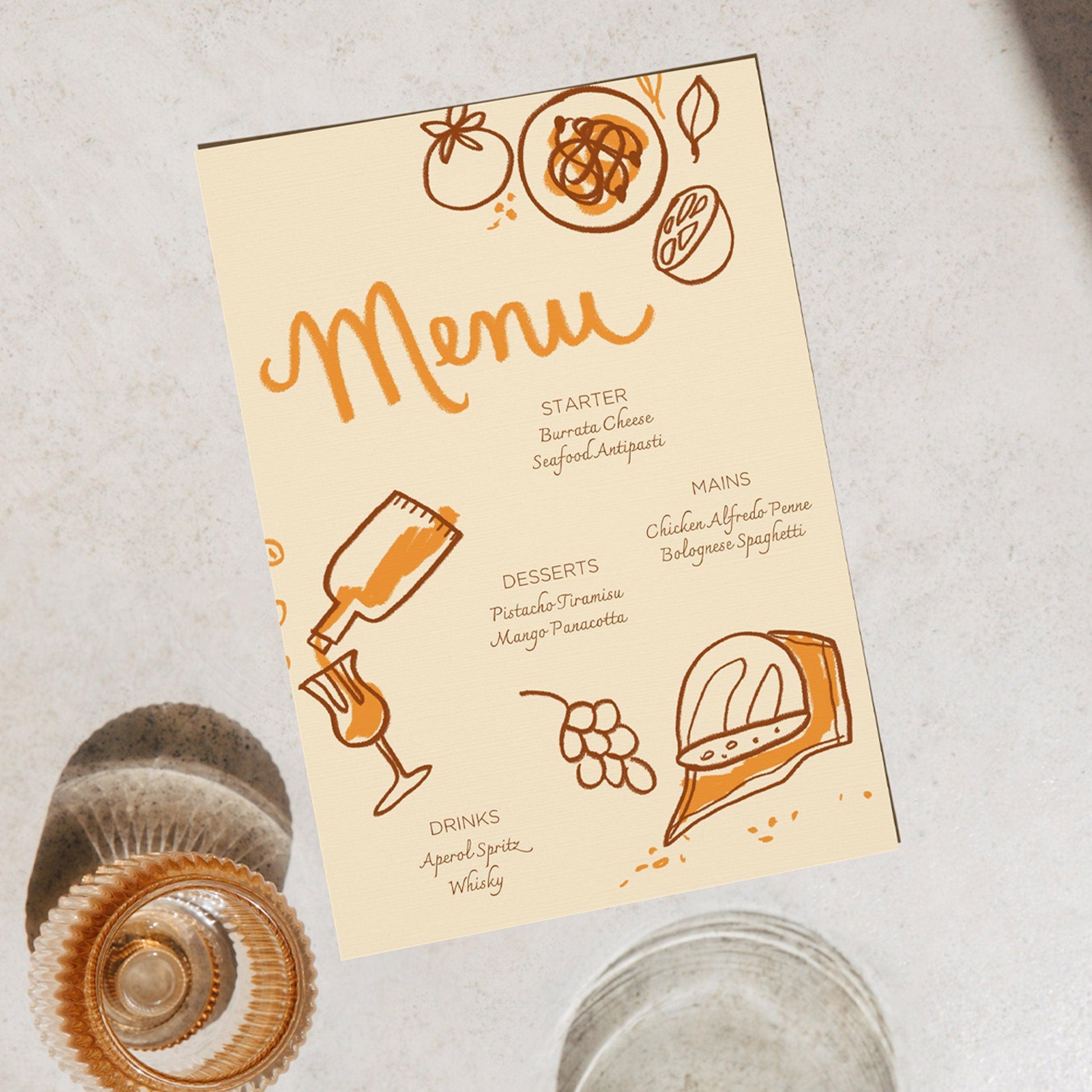 Hand-drawn Menu for Dinner Party | Shabbat Dinner | Easy to Edit Canva Template | Food and Wine Illustrations | Instant Download | Printable