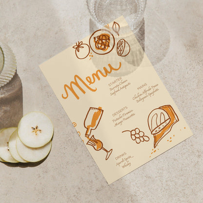 Hand-drawn Menu for Dinner Party | Shabbat Dinner | Easy to Edit Canva Template | Food and Wine Illustrations | Instant Download | Printable
