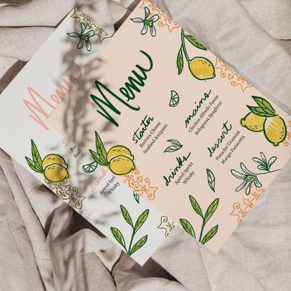 Printable Menu for Events or Dinner with Hand-drawn Citrus Floral Design | Editable Lemon Menu Canva Template | Digital Download for Events