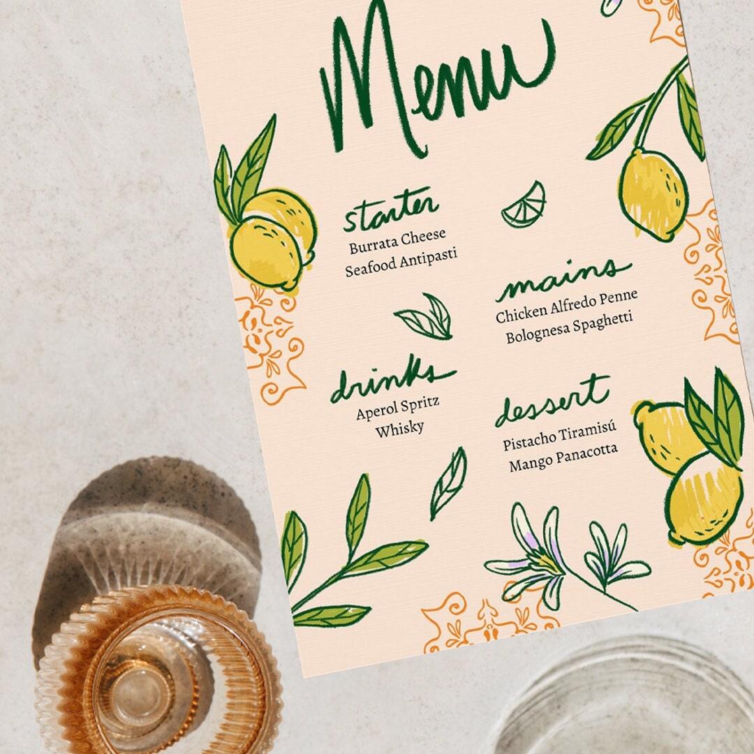 Printable Menu for Events or Dinner with Hand-drawn Citrus Floral Design | Editable Lemon Menu Canva Template | Digital Download for Events