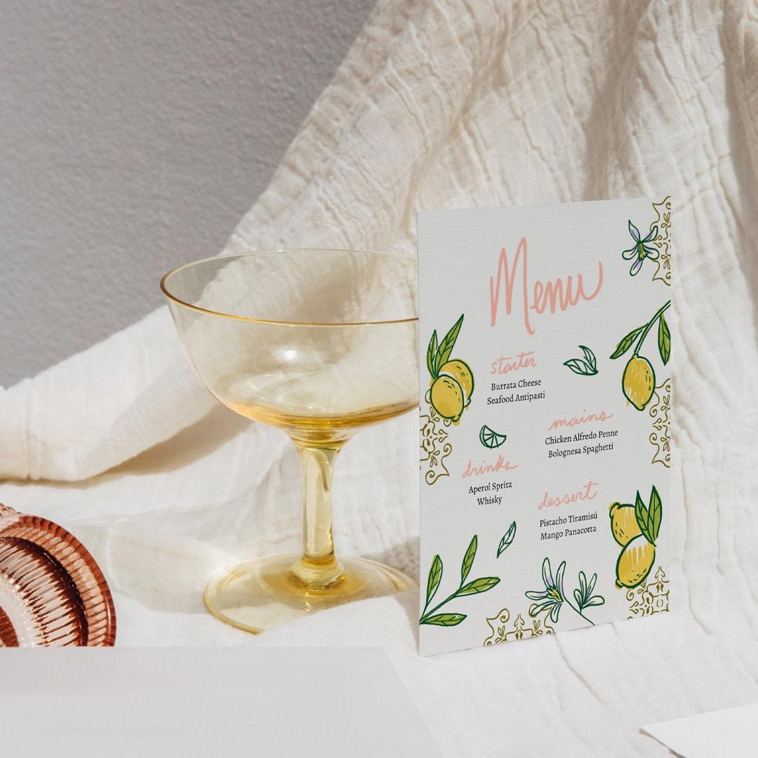 Printable Menu for Dinner Party or Shabbat Dinner | Hand-drawn Lemon Menu Card | Editable Citrus Menu Canva Template | Modern Event Menu
