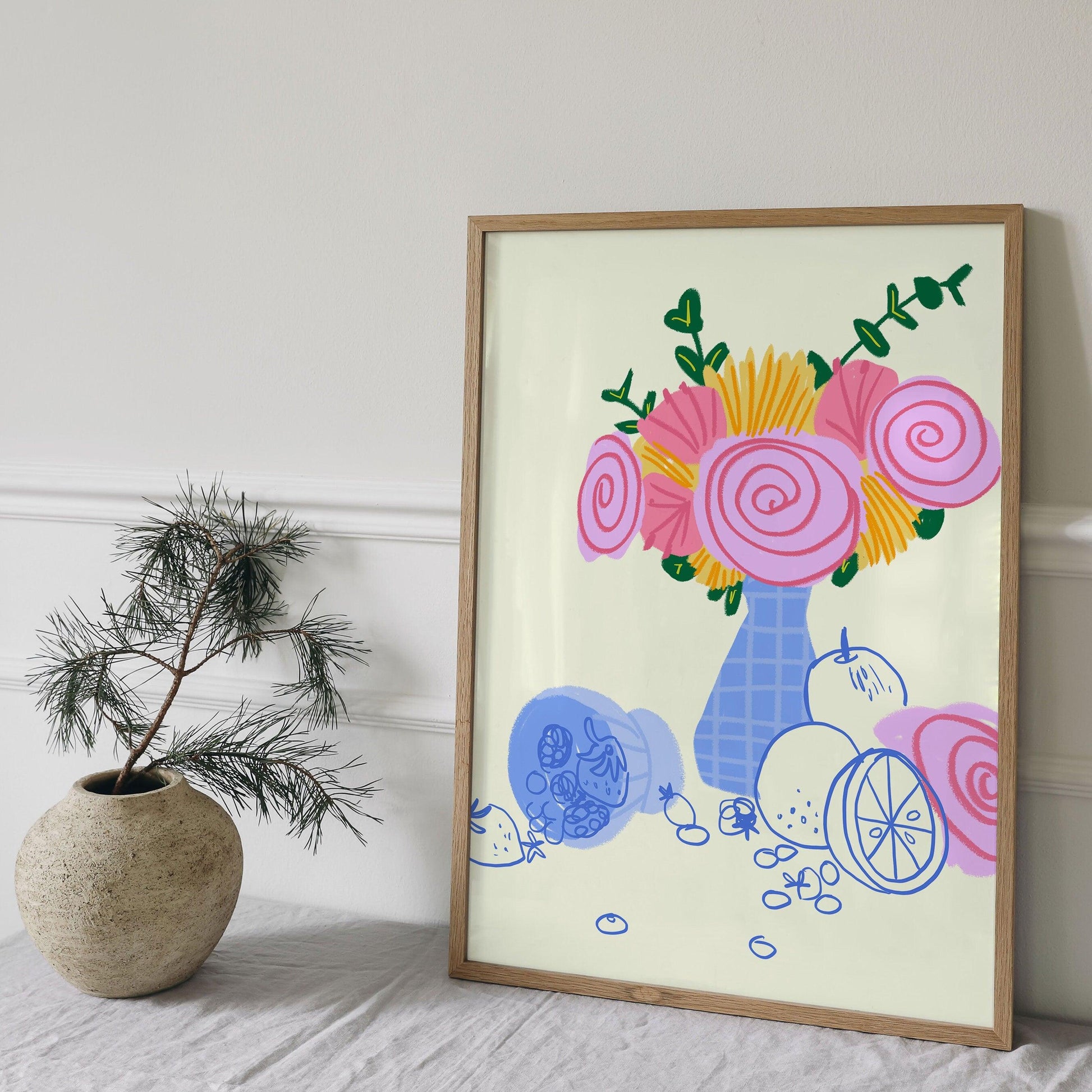 HAND-DRAWN FLOWERS Bouquet in a Vase Art Print, Flower Bunch Doodle Poster, Chic Wall Art, Printable Home Decor, Dorm Decor, Floral Art
