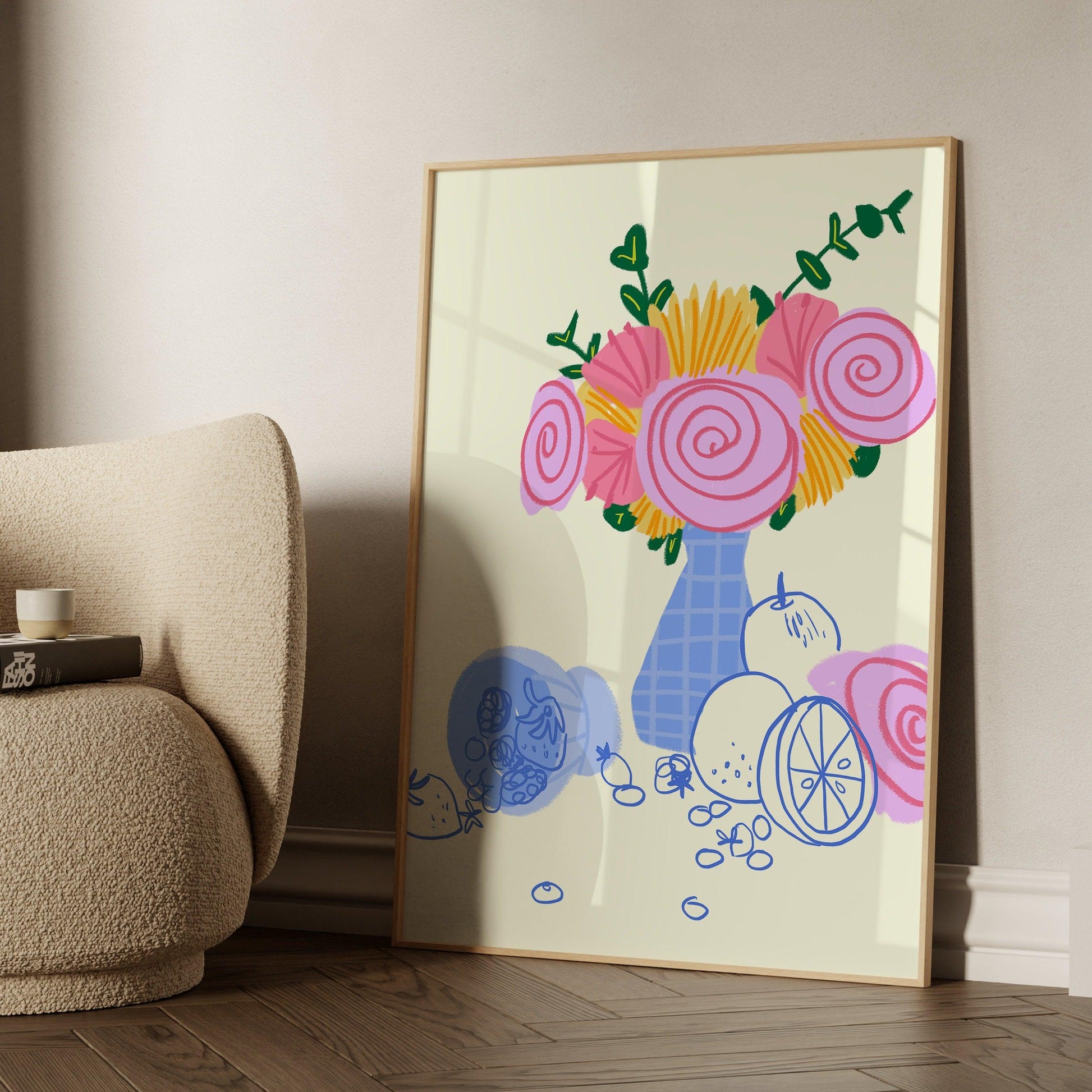 HAND-DRAWN FLOWERS Bouquet in a Vase Art Print, Flower Bunch Doodle Poster, Chic Wall Art, Printable Home Decor, Dorm Decor, Floral Art