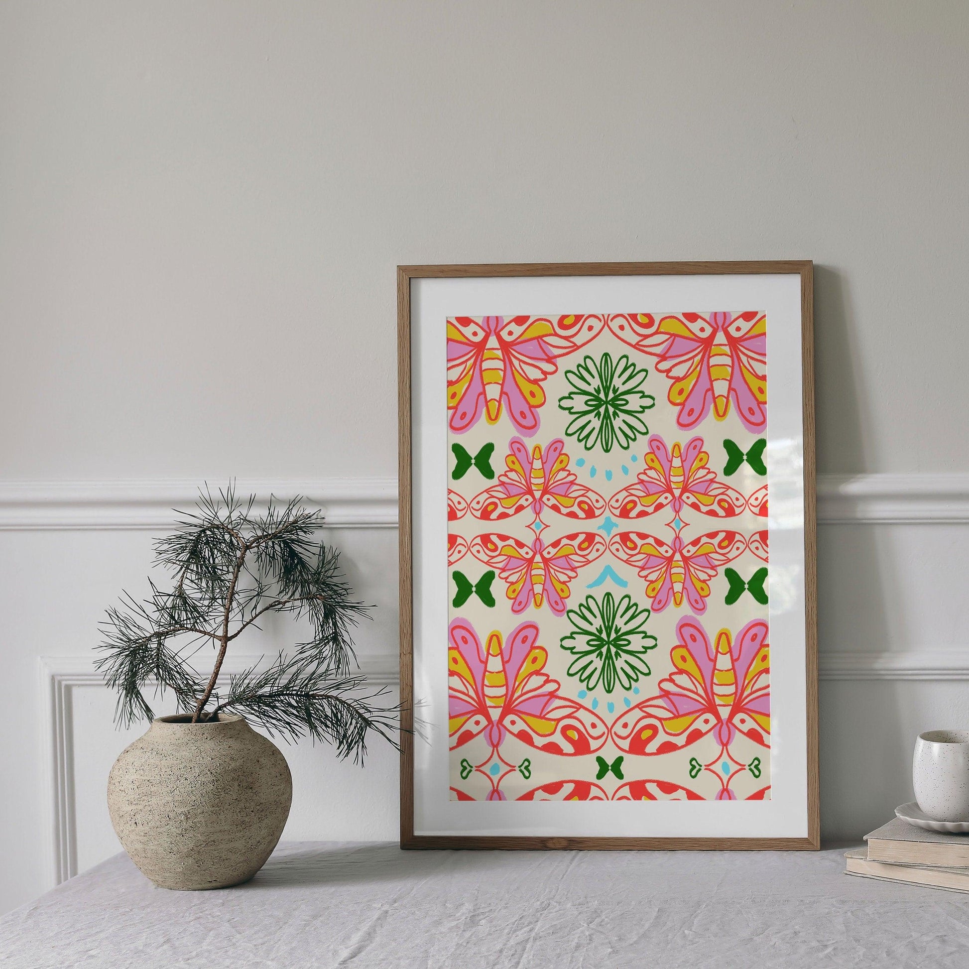 Hippie Butterfly, Retro Floral, Funky Aesthetic Wall Art, Print, Poster for Room, Apartment, Office and Home Decor