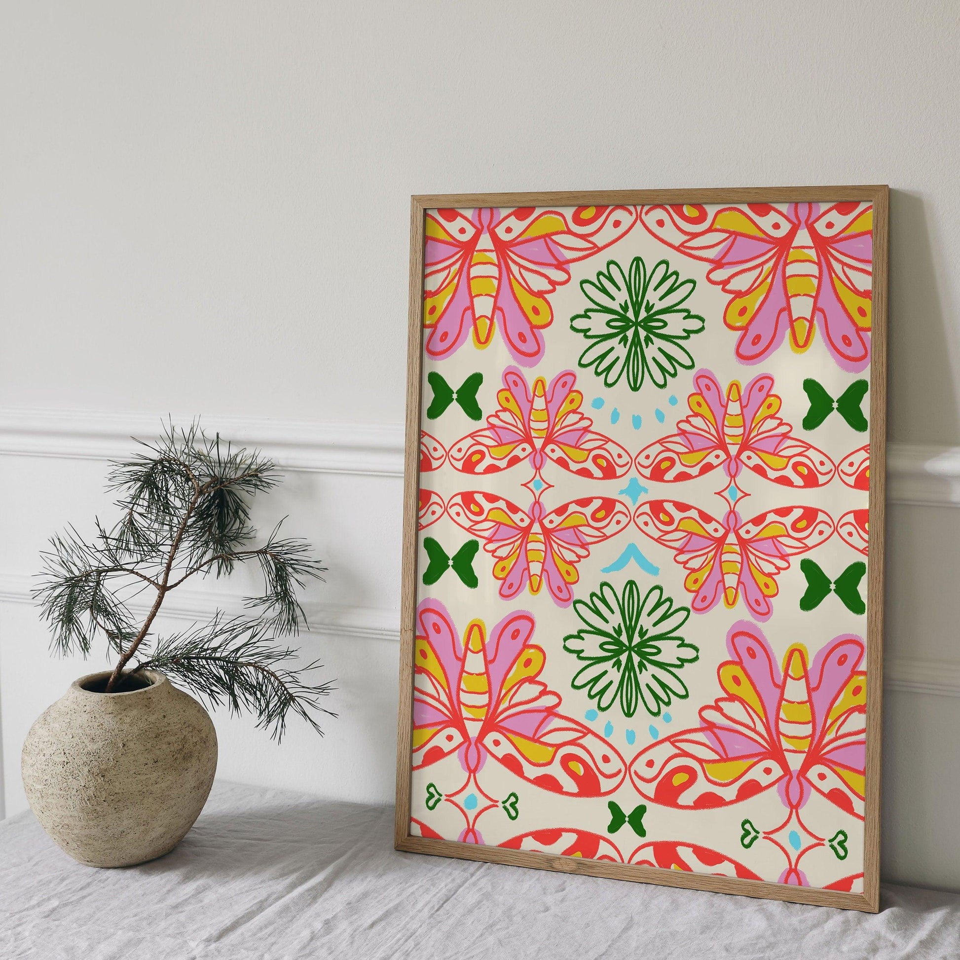 Hippie Butterfly, Retro Floral, Funky Aesthetic Wall Art, Print, Poster for Room, Apartment, Office and Home Decor