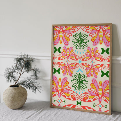 Hippie Butterfly, Retro Floral, Funky Aesthetic Wall Art, Print, Poster for Room, Apartment, Office and Home Decor