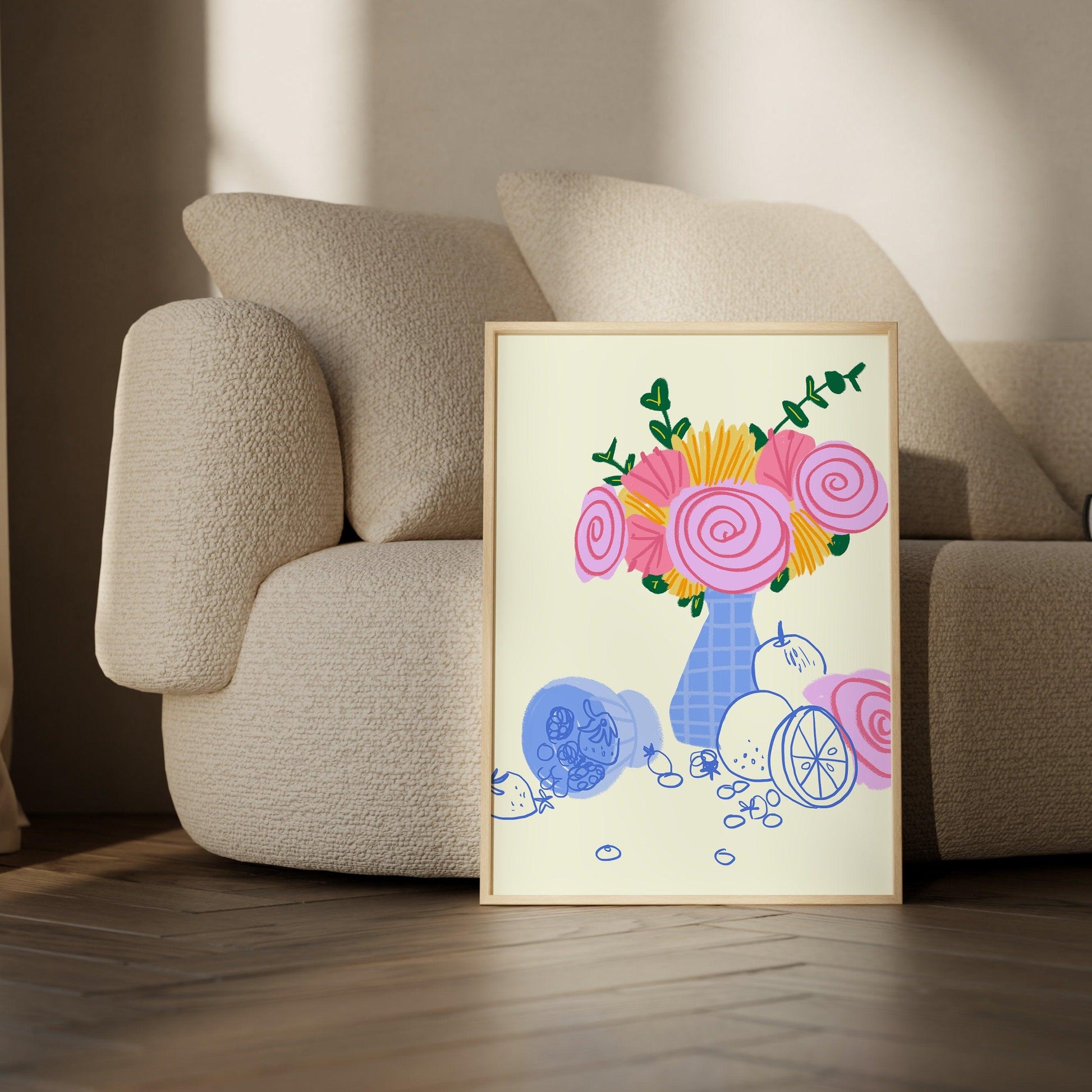 HAND-DRAWN FLOWERS Bouquet in a Vase Art Print, Flower Bunch Doodle Poster, Chic Wall Art, Printable Home Decor, Dorm Decor, Floral Art