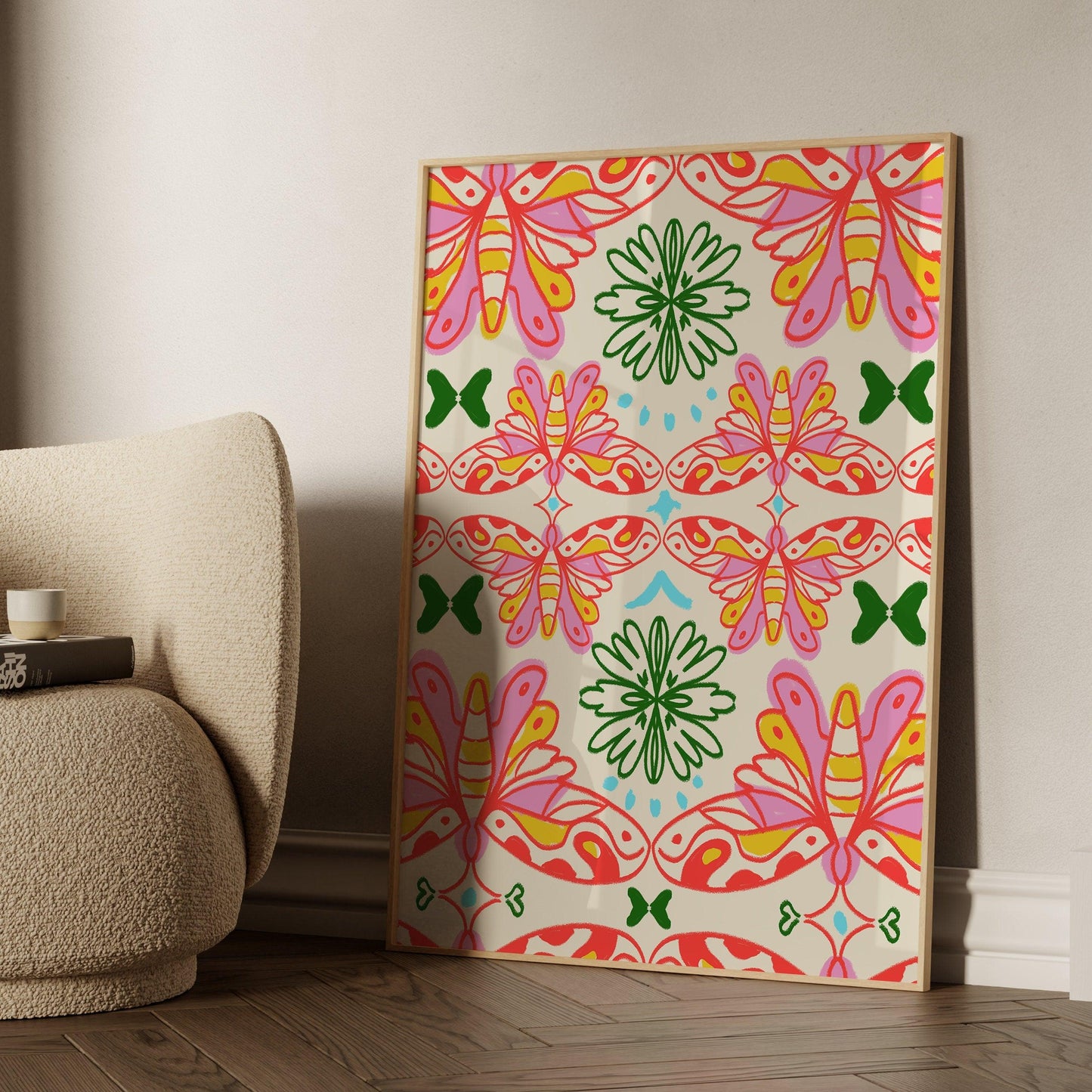 Hippie Butterfly, Retro Floral, Funky Aesthetic Wall Art, Print, Poster for Room, Apartment, Office and Home Decor