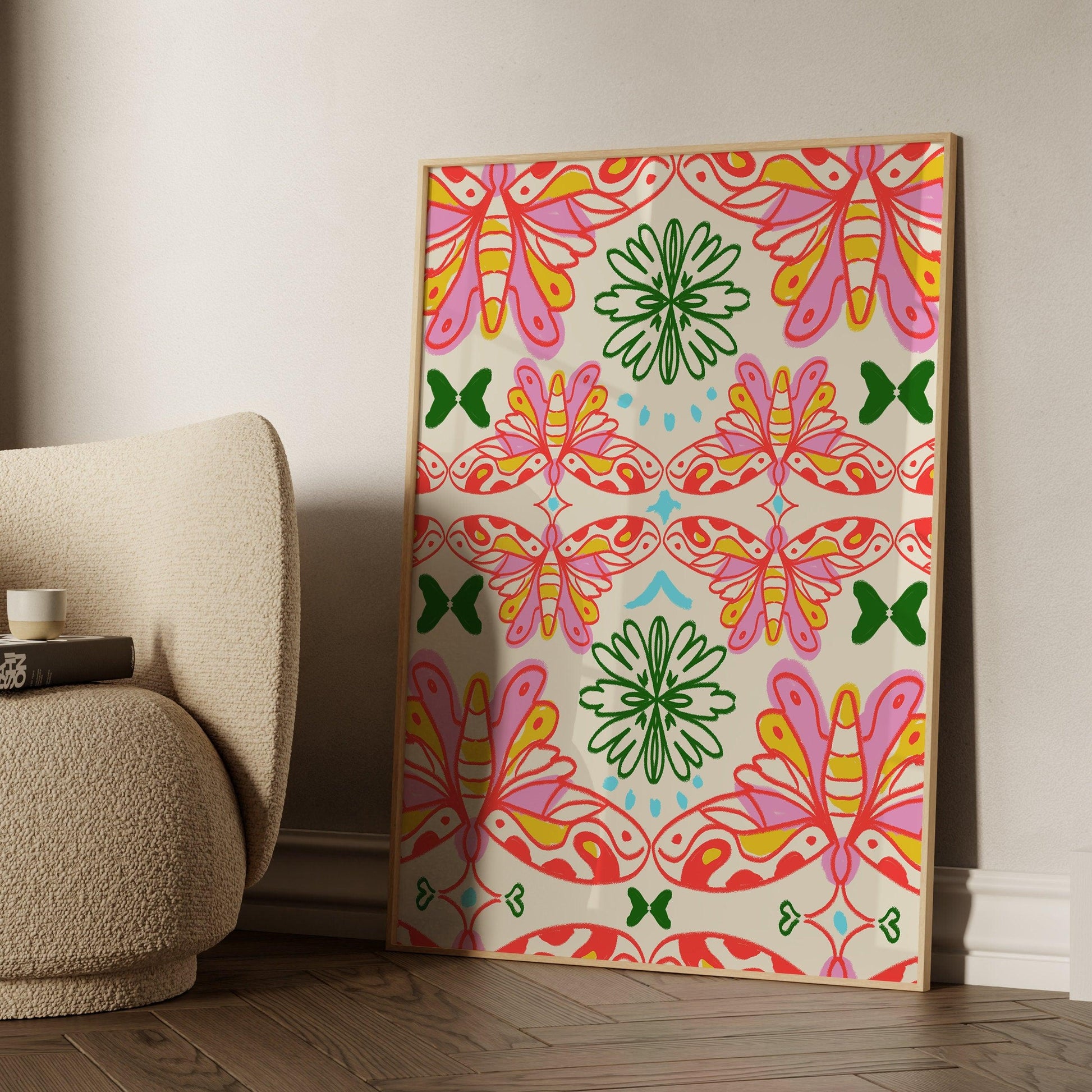Hippie Butterfly, Retro Floral, Funky Aesthetic Wall Art, Print, Poster for Room, Apartment, Office and Home Decor