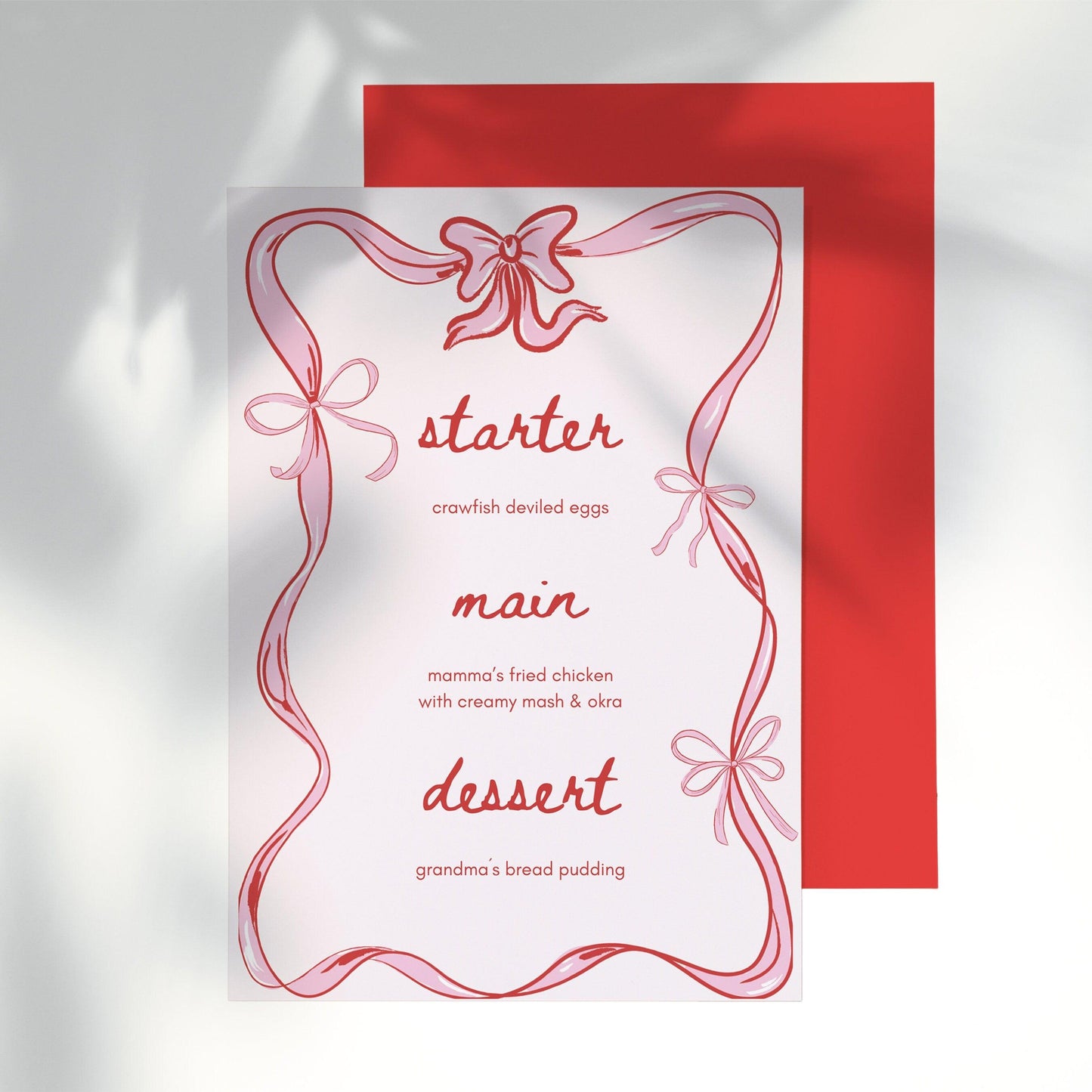 COQUETTE DINNER MENU - Hand-drawn Pink Bow Doodle Menu for Shabbat Dinner, Birthday Party, Bridal Shower, Baby Shower, Printable, Editable