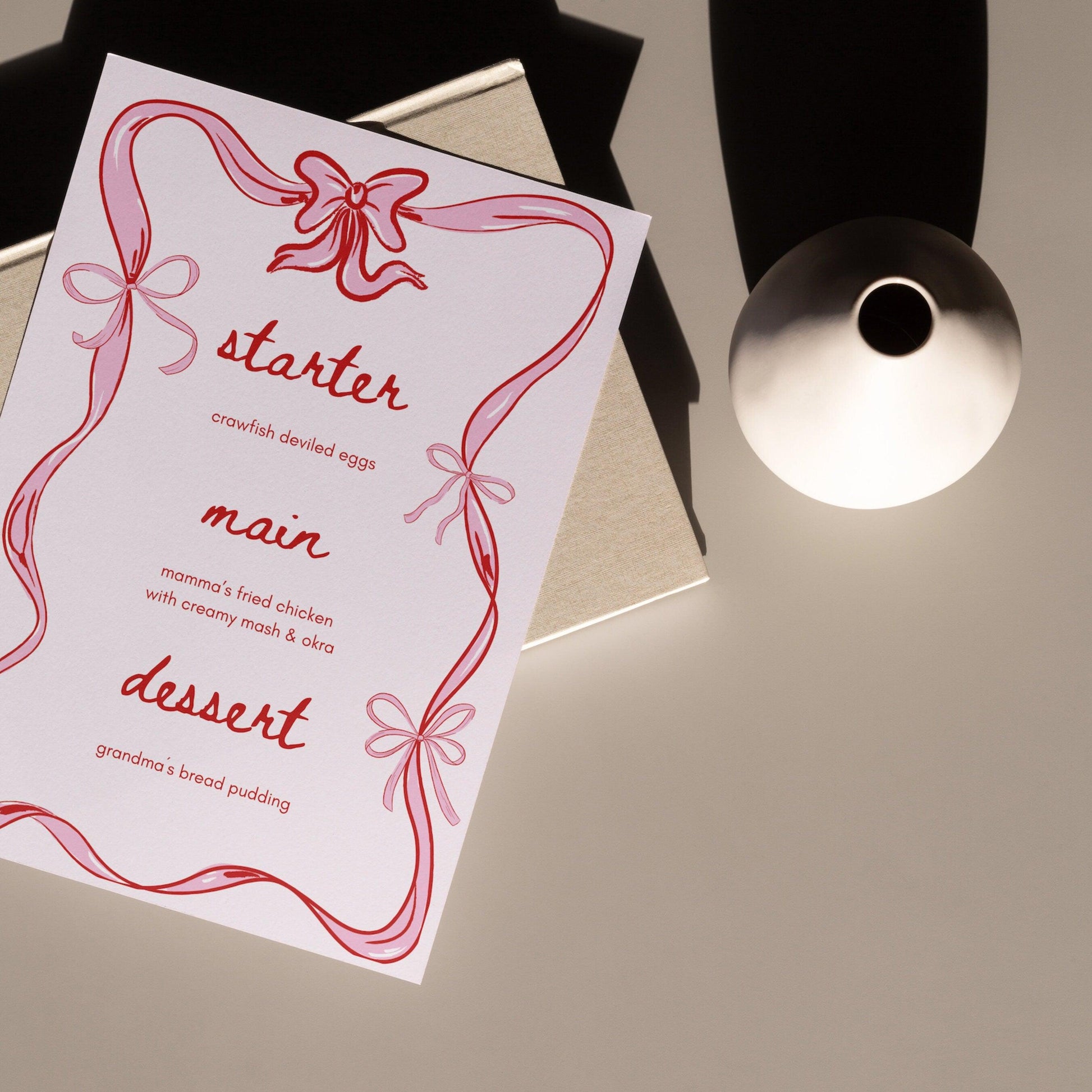 COQUETTE DINNER MENU - Hand-drawn Pink Bow Doodle Menu for Shabbat Dinner, Birthday Party, Bridal Shower, Baby Shower, Printable, Editable