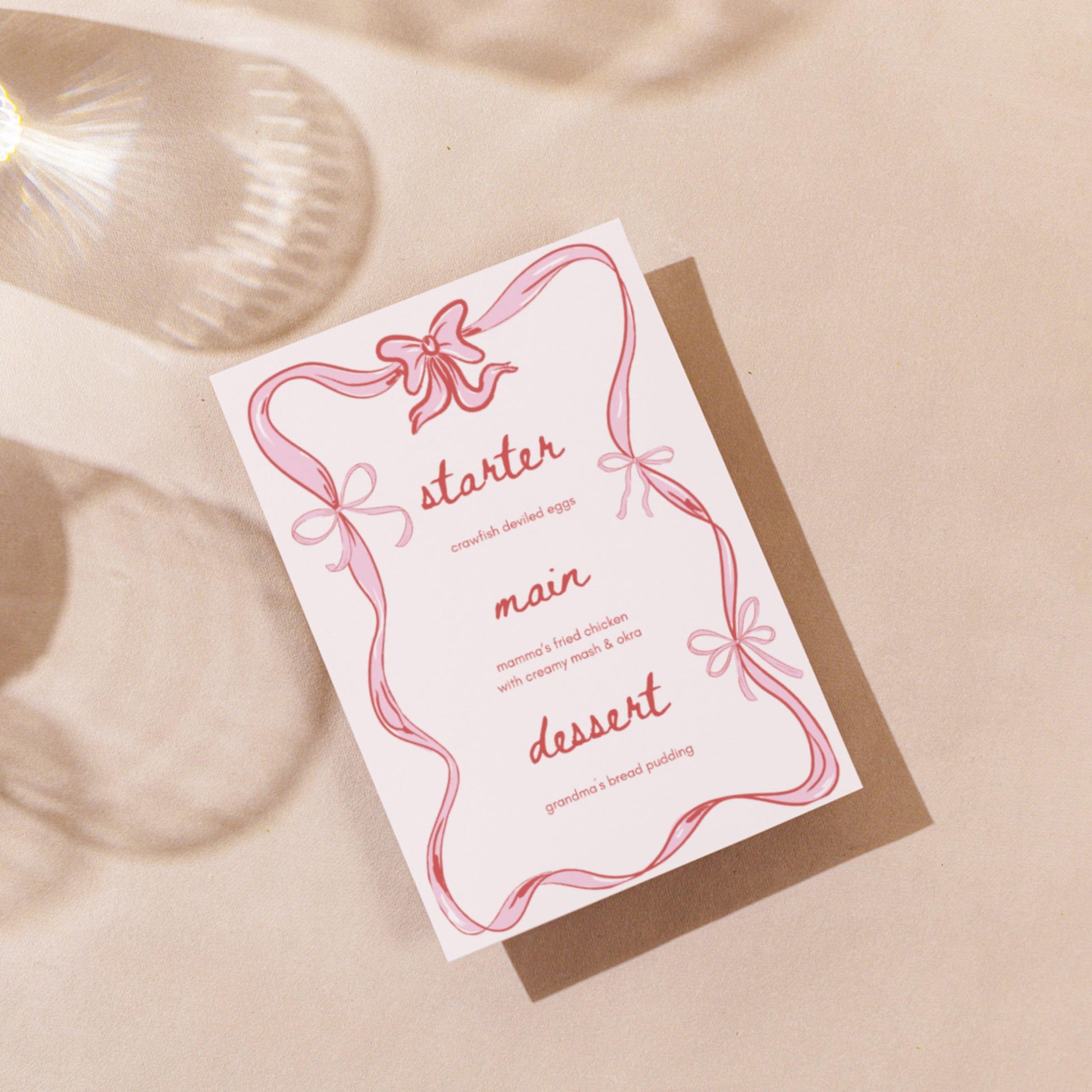 COQUETTE DINNER MENU - Hand-drawn Pink Bow Doodle Menu for Shabbat Dinner, Birthday Party, Bridal Shower, Baby Shower, Printable, Editable